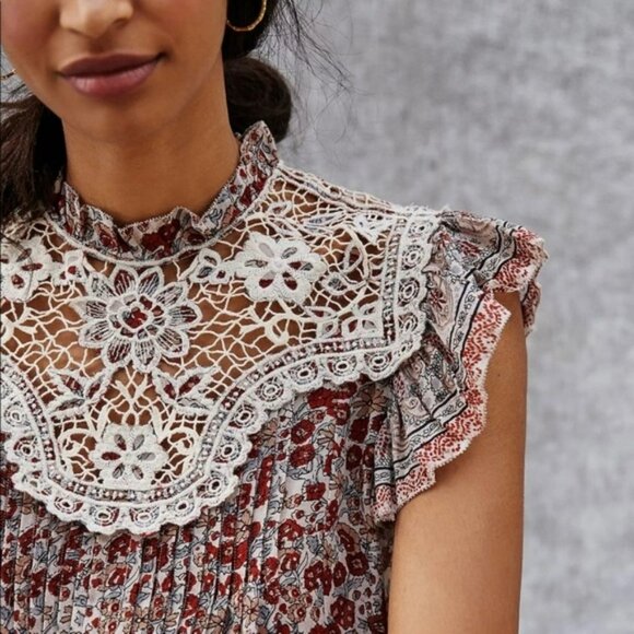 Othilia Anthropology Malia Shirt Women Large Red White Floral Lace Crochet Boho - Picture 3 of 10